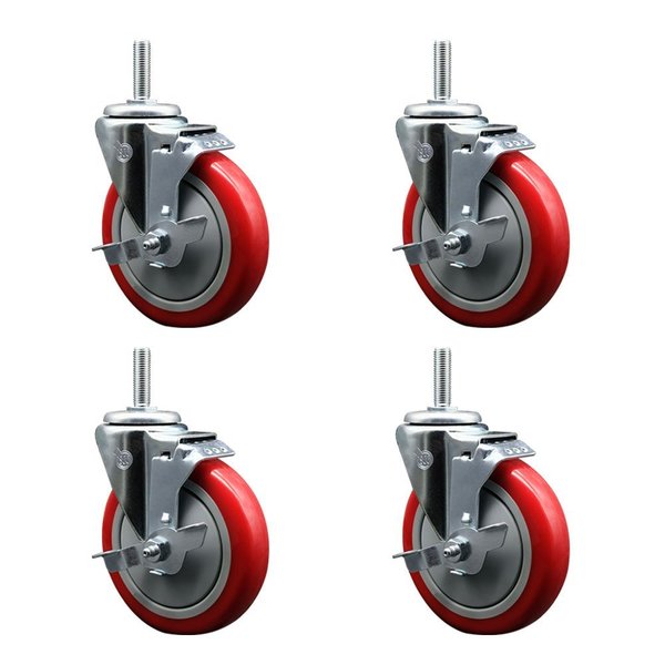 Service Caster 5 Inch Red Polyurethane Wheel Swivel 58 Inch Threaded Stem Caster Set with Brake SCC SCC-TS20S514-PPUB-RED-TLB-58212-4